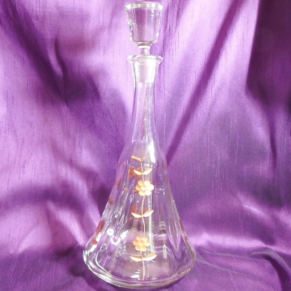 Tall Clear Glass Decanter with Gold Flowers # 26533